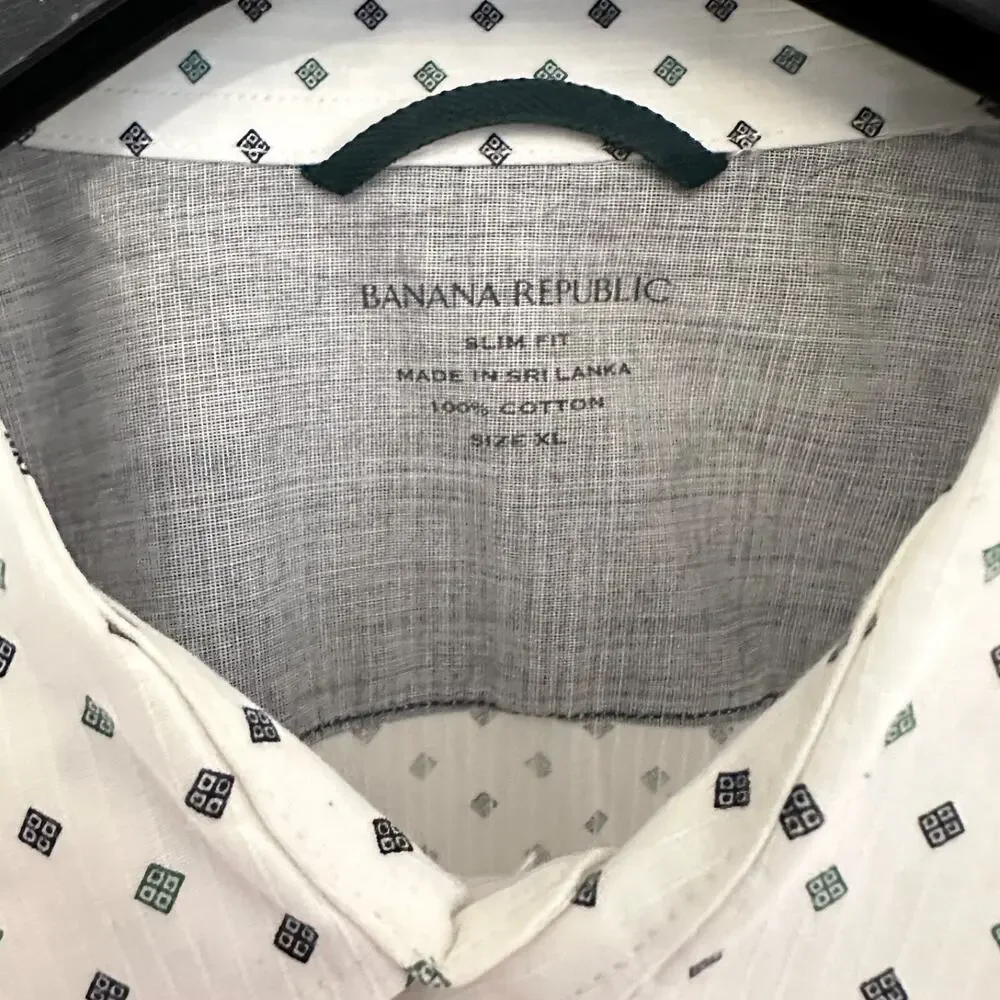 Banana Republic Mens Button Front Dress Shirt Ivory Geometric Cotton Slim Fit XL